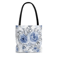 Tote Bag-Stormy Blue-Floral Stencil-White