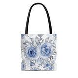 Tote Bag-Stormy Blue-Floral Stencil-White