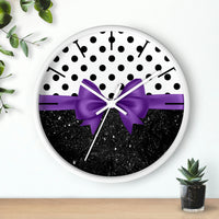 Wall Clock-Glam Purple Bow-Black Polka Dots-Black Glitter