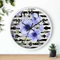 Wall Clock-Soft Blue Floral-Black Horizontal Stripes-White