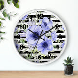 Wall Clock-Soft Blue Floral-Black Horizontal Stripes-White