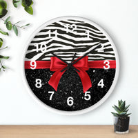 Wall Clock-Glam Red Bow-Zebra-Black Glitter