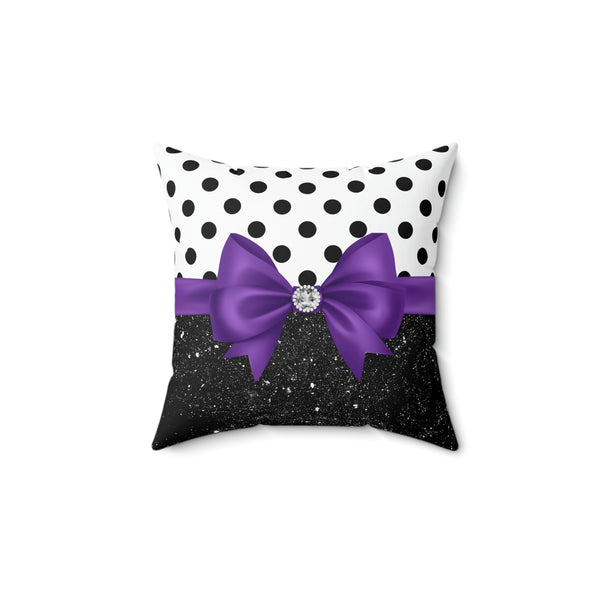 Square Pillow-Glam Purple Bow-Black Polka Dots-Black Glitter