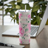 Skinny Tumbler, 20oz-Magenta Pink Floral-Pink Horizontal Stripes-White