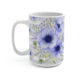 Coffee Mug 15oz-Soft Blue Floral-Soft Blue Horizontal Stripes-White