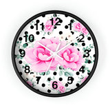 Wall Clock-Magenta Pink Floral-Black Polka Dots-White