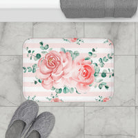 Bath Mat-Lush Pink Floral-Pink Horizontal Stripes-White