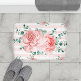 Bath Mat-Lush Pink Floral-Pink Horizontal Stripes-White
