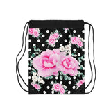 Drawstring Bag-Magenta Pink Floral-White Polka Dots-Black