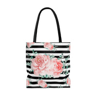 Tote Bag-Lush Pink Floral-Black Horizontal Stripes-White