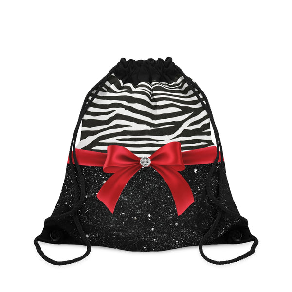Drawstring Bag-Glam Red Bow-Zebra-Black Glitter