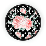 Wall Clock-Lush Pink Floral-White Polka Dots-Black