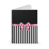 Small Spiral Notebook, 6x8in-Glam Pink Bow-Black White Pinstripes-Black