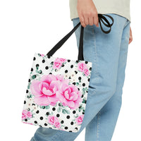 Tote Bag-Magenta Pink Floral-Black Polka Dots-White