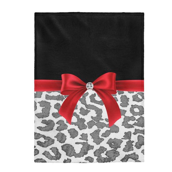 Velveteen Plush Blanket-Glam Red Bow-Grey Leopard-Black