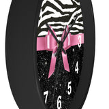 Wall Clock-Glam Pink Bow-Zebra-Black Glitter