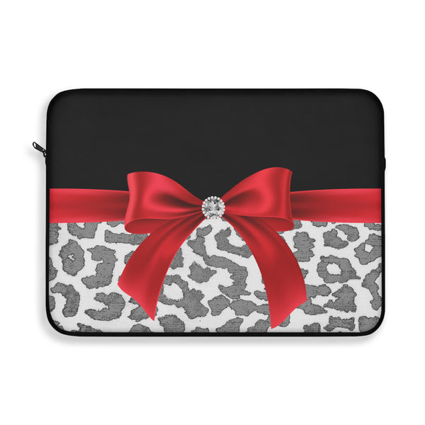 Laptop Sleeve-Glam Red Bow-Grey Leopard-Black