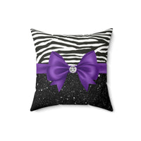 Square Pillow-Glam Purple Bow-Zebra-Black Glitter