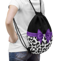 Drawstring Bag-Glam Purple Bow-Snow Leopard-Black