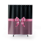 Shower Curtains-Glam Pink Bow-Pink Black Pinstripes-Black