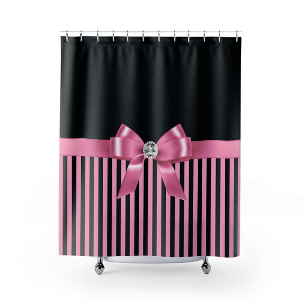 Shower Curtains-Glam Pink Bow-Pink Black Pinstripes-Black