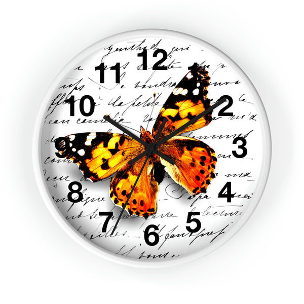 Wall Clock-Orange Butterfly-Illegible Cursive-10"x10"in