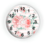 Wall Clock-Lush Pink Floral-Pink Horizontal Stripes-White