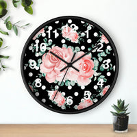 Wall Clock-Lush Pink Floral-White Polka Dots-Black