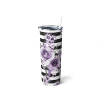 Skinny Tumbler, 20oz-Soft Purple Floral-Black Horizontal Stripes-White