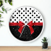 Wall Clock-Glam Red Bow-Black Polka Dots-Black Glitter