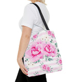 Tote Bag-Magenta Pink Floral-Pink Horizontal Stripes-White