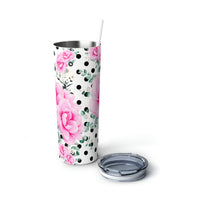 Skinny Tumbler, 20oz-Magenta Pink Floral-Black Polka Dots-White