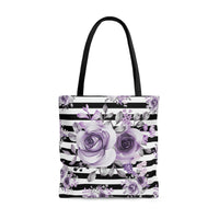 Tote Bag-Soft Purple Floral-Black Horizontal Stripes-White