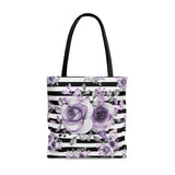 Tote Bag-Soft Purple Floral-Black Horizontal Stripes-White