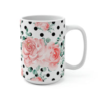 Coffee Mug 15oz-Lush Pink Floral-Black Polka Dots-White