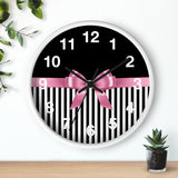 Wall Clock-Glam Pink Bow-Black White Pinstripes-Black