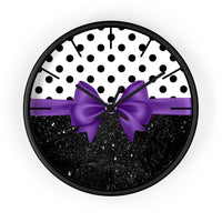 Wall Clock-Glam Purple Bow-Black Polka Dots-Black Glitter