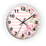 Wall Clock-Pink Floral Butterflies-Pink Horizontal Stripes