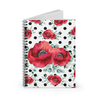 Small Spiral Notebook, 6x8in-Rouge Red Floral-Black Polka Dots-White