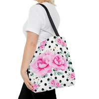 Tote Bag-Magenta Pink Floral-Black Polka Dots-White