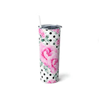 Skinny Tumbler, 20oz-Magenta Pink Floral-Black Polka Dots-White