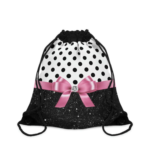 Drawstring Bag-Glam Pink Bow-Black Polka Dots-Black Glitter