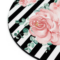 Mouse Pad-Lush Pink Floral-Black Horizontal Stripes-White