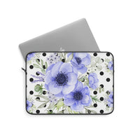 Laptop Sleeve-Soft Blue Floral-Black Polka Dots-White