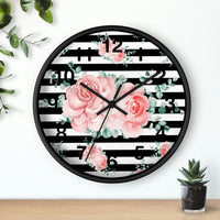 Wall Clock-Lush Pink Floral-Black Horizontal Stripes-White