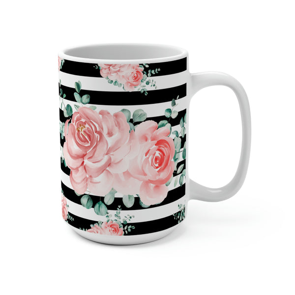 Coffee Mug 15oz-Lush Pink Floral-Black Horizontal Stripes-White