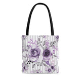 Tote Bag-Soft Purple Floral-Purple Pinstripes-White