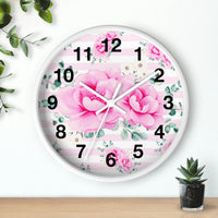 Wall Clock-Magenta Pink Floral-Pink Horizontal Stripes-White