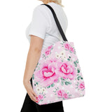 Tote Bag-Magenta Pink Floral-White Polka Dots-Pink