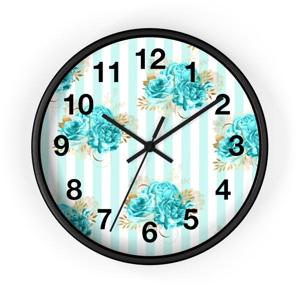 Wall clock-Aqua Blue-Floral Pinstripes